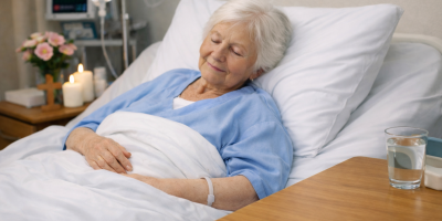 Frau im Bett, die an ihre Vorsorge gedacht hat